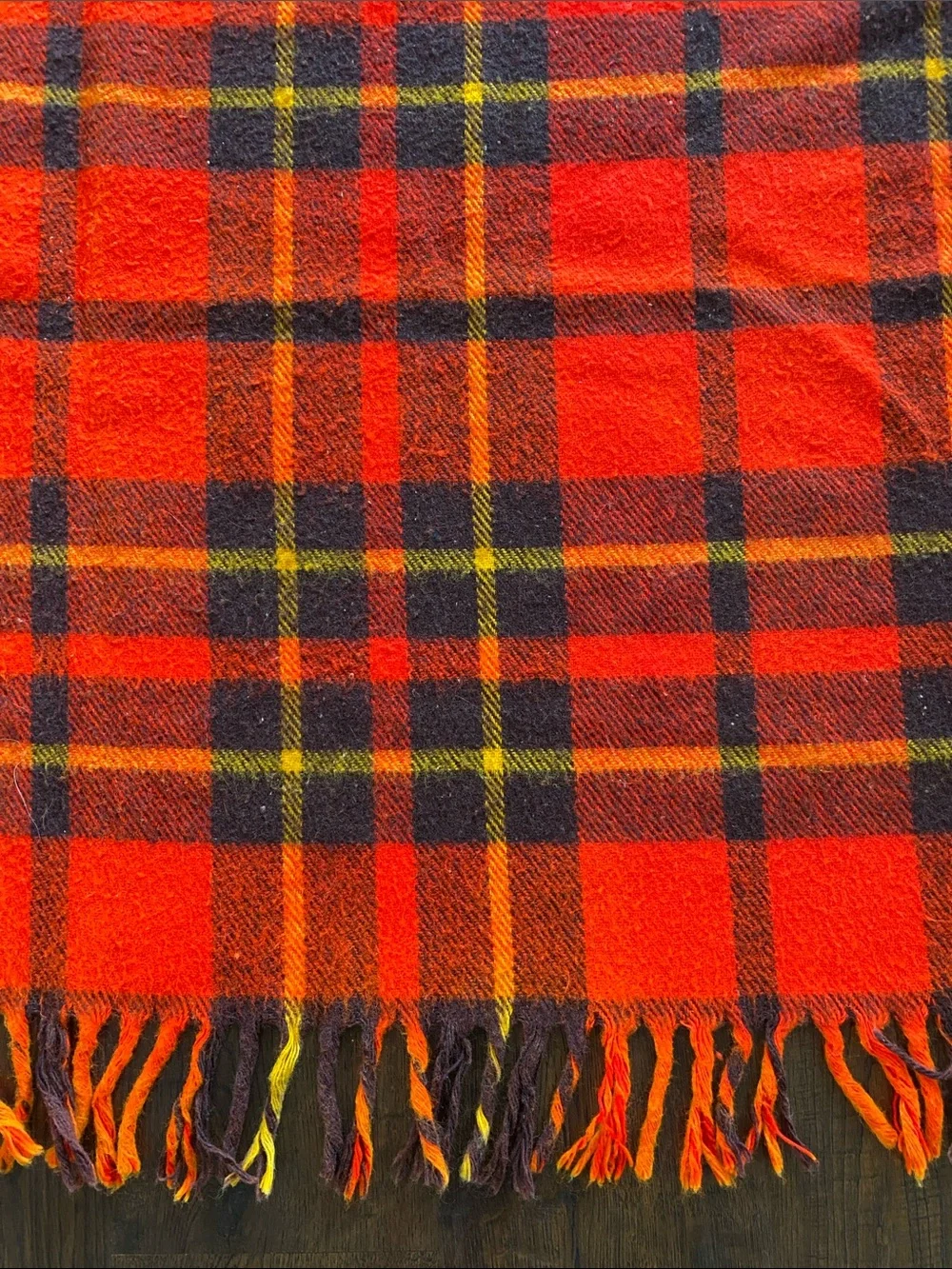 Vintage Faribo Wool Plaid Tartan Fringe Red/Orange Brown & Yellow Throw Blanket